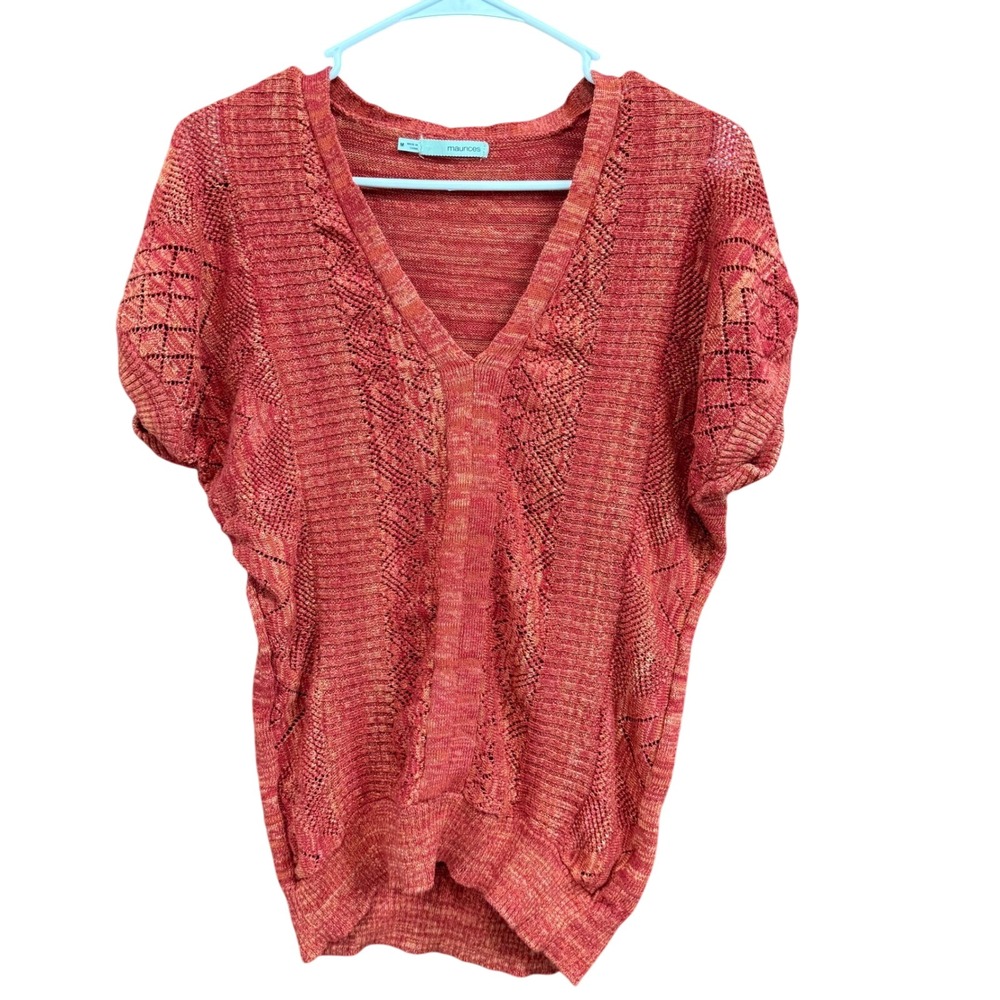 Maurice's Medium Orange Red Knit Top V-Neck‎ Short Sleeve Open Weave Texture